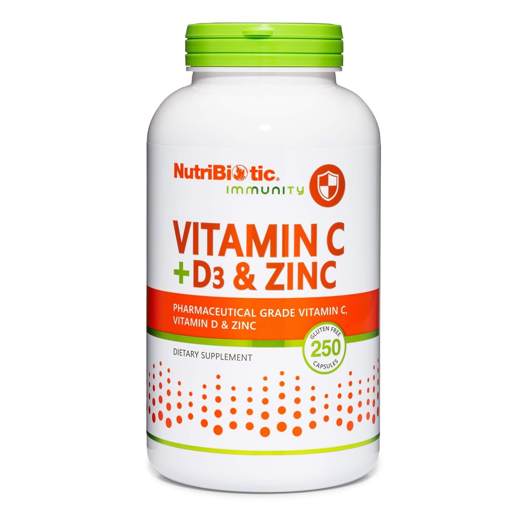 NutriBiotic – Βιταμίνη C + βιταμίνη D3 & ψευδάργυρος, 250 κάψουλες 