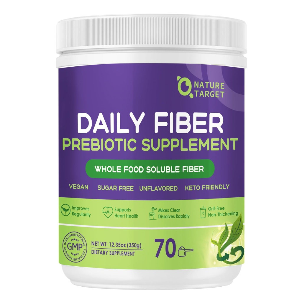NATURE TARGET Daily Fiber Supplement - Soluble Prebiotic Fiber Powder for Gut Health, Whole Food High Fiber for Digestive Health & Regularity, Unflavoured, Gluten & Sugar Free, Keto - 70 Σερβιρίσματα