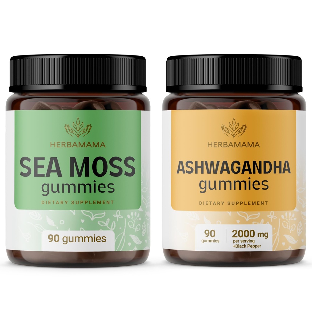 HERBAMAMA Sea Moss and Ashwagandha Kit - Bundle των 1600 mg Sea Moss με Bladderwrack & Ashwagandha Root Gummies - Vegan, Non-GMO, Gelatin-Free - 2 Pack