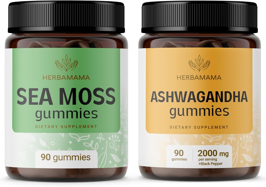 HERBAMAMA Sea Moss and Ashwagandha Kit - Bundle των 1600 mg Sea Moss με Bladderwrack & Ashwagandha Root Gummies - Vegan, Non-GMO, Gelatin-Free - 2 Pack
