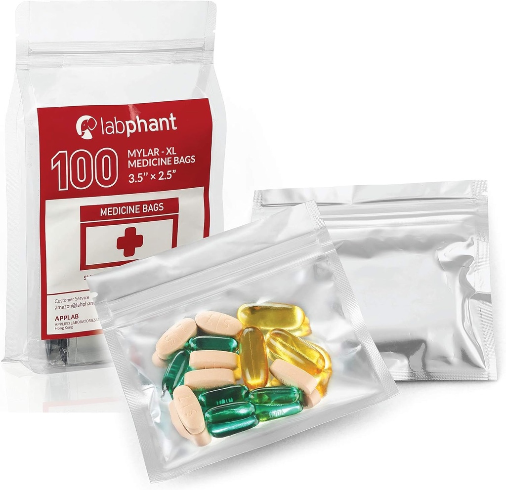 100 Pack Mylar Smell Proof XL Τσάντες Ιατρικής - Ziplock Τσάντες Accessory με Διπλή Συμβουλή Perm. Marker; Τσάντες Pill Pack για την ιατρική, κοσμήματα, υλικό; Zipper Σφραγισμένα χάπια (3,5 x 2,5", ασήμι)