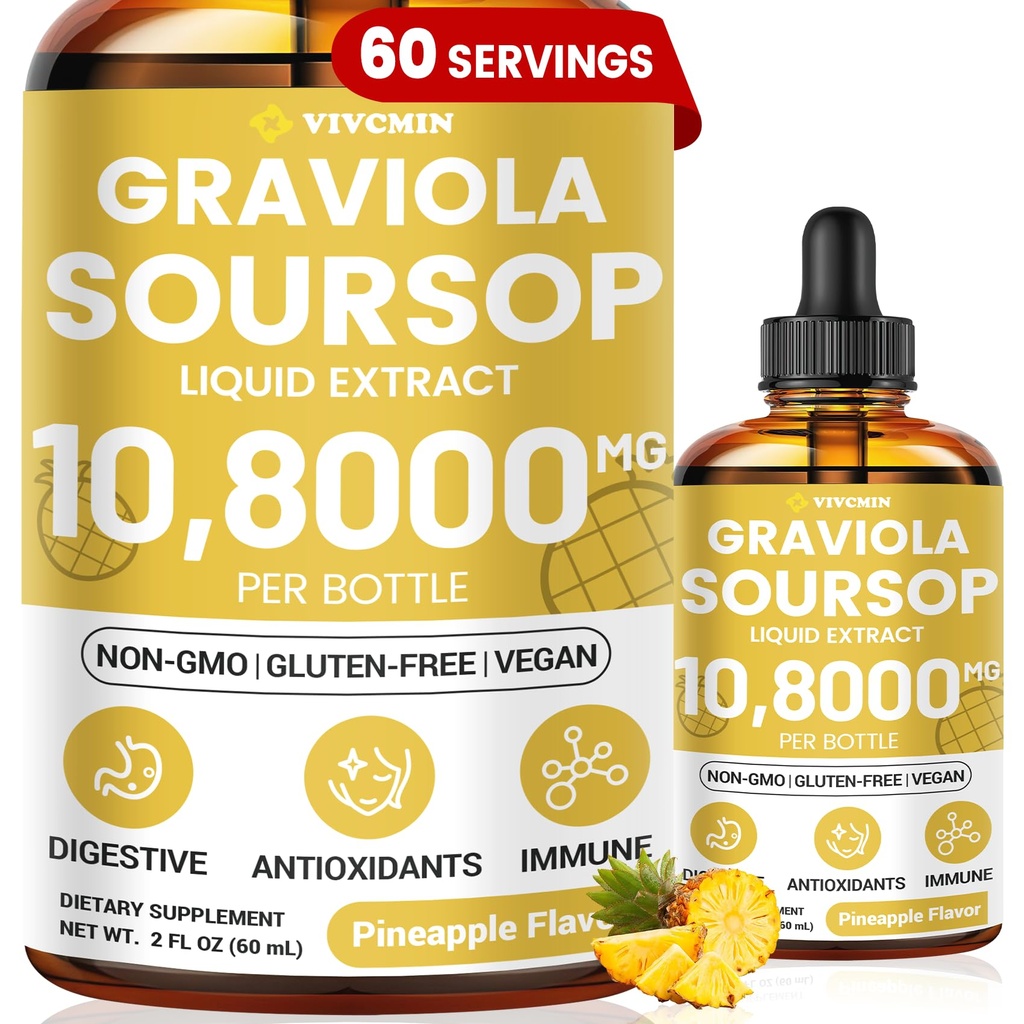 Graviola Soursop Leaf Extract Liquid - Soursop Bitters Υγρό, Υποστήριξη Ανοσοποιητικό, Χαλαρώστε, Ήπαρ και Ύπνο, Ζάχαρη & Αλκοόλ-Δωρεάν, Πολύ Απορροφήσιμη Φόρμουλα, Ανανά Γεύση, 2 Fl Oz