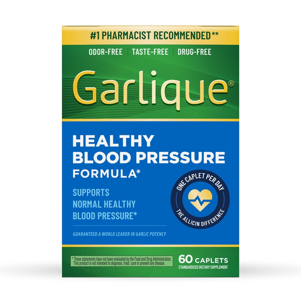 Garlique Garlic Extract Supplement, Healthy Blood Pressure Formula, Odorless & Vegan, 60 Caplets