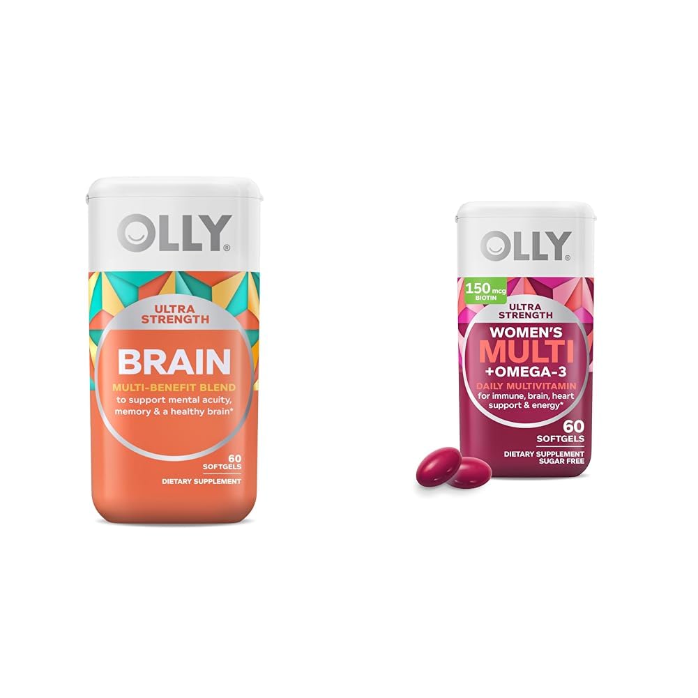 OLLY Ultra Strength Brain Softgels, Nootropic, Υποστηρίζει υγιή εγκεφαλική λειτουργία, μνήμη, Focus & Ultra Women's Multi Softgels, συνολική υγεία και ανοσοποιητική υποστήριξη, Omega-3s, σίδηρος, βιταμίνες A, D