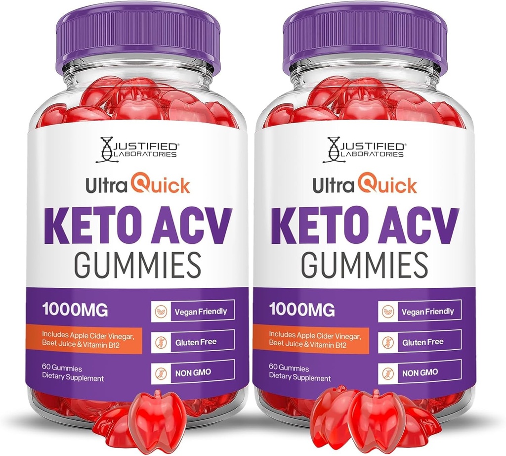 Justified Laboratories (2 Pack Ultra Quick Keto ACV Advanced Formula 1000MG Μηλίτη Ξίδι μήλου Formulated with Pomegranate Beet Juice Powder B12 Vegan Non GMO 120 Gummies