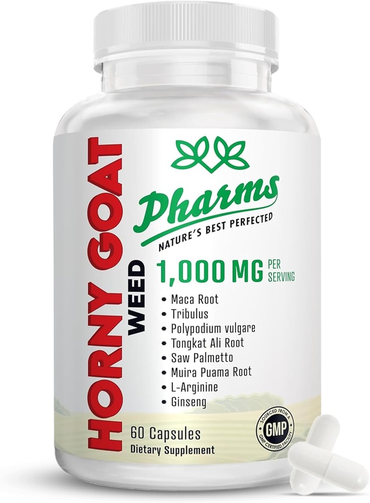 PHARMS Hornygoatweed for Men & Women (1,000 mg) - Energy & Stamina Capsules with Maca Root, Tribulus, Tongkat Ali, Saw Palmetto & Ginseng - Female & Male Performance Enhancing Supplement - 60 Capsules