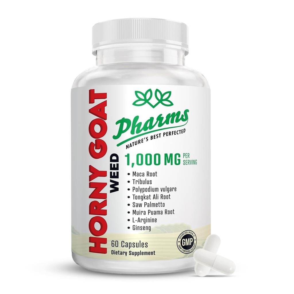 PHARMS Hornygoatweed for Men & Women (1. 000 mg) - Κάψουλες Ενέργειας & Σταματίνας με Maca Root, Tribulus, Tongkat Ali, Saw Palmetto & Ginseng - Γυναικείο & Ανδρικό Συμπλήρωμα Ενίσχυσης Απόδοσης - 60 Κάψουλες