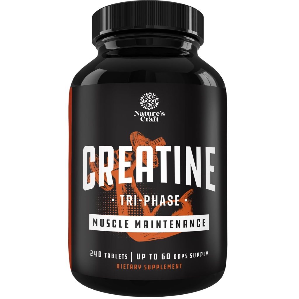 Natures Craf High Strength Tri Phase Creatine Tablets for Women & Men - Formula Blend of Creatine Monohydrate, 300mg HCL & Pyruvate Supplement - Mus Mass Gain & Recovery Supplement - 240 Tablets