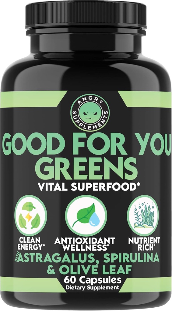 Angry Συμπληρώματα Καλό για σας Πράσινοι, Vital Green Super Food Blend για ανοσοενισχυτική υποστήριξη Φόρμουλα, εγχύεται με Spirulina, Astragalus Root, και εκχύλισμα ρίζας φύλλων ελιάς (1-Bottle)