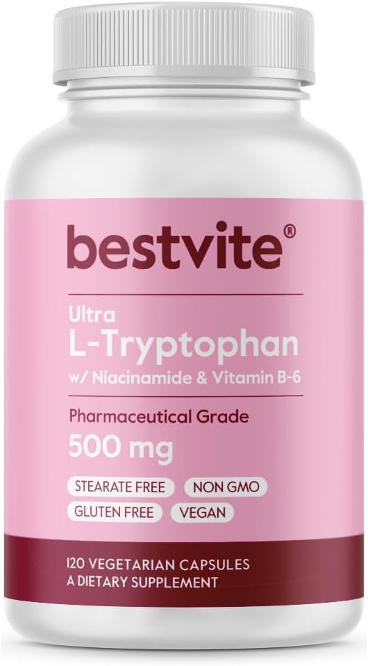 BESTVITE L-Tryptophan 500mg με B3 & B6 (120 κάψουλες χορτοφάγων) – Χωρίς πληρώματα – Χωρίς στέαρ