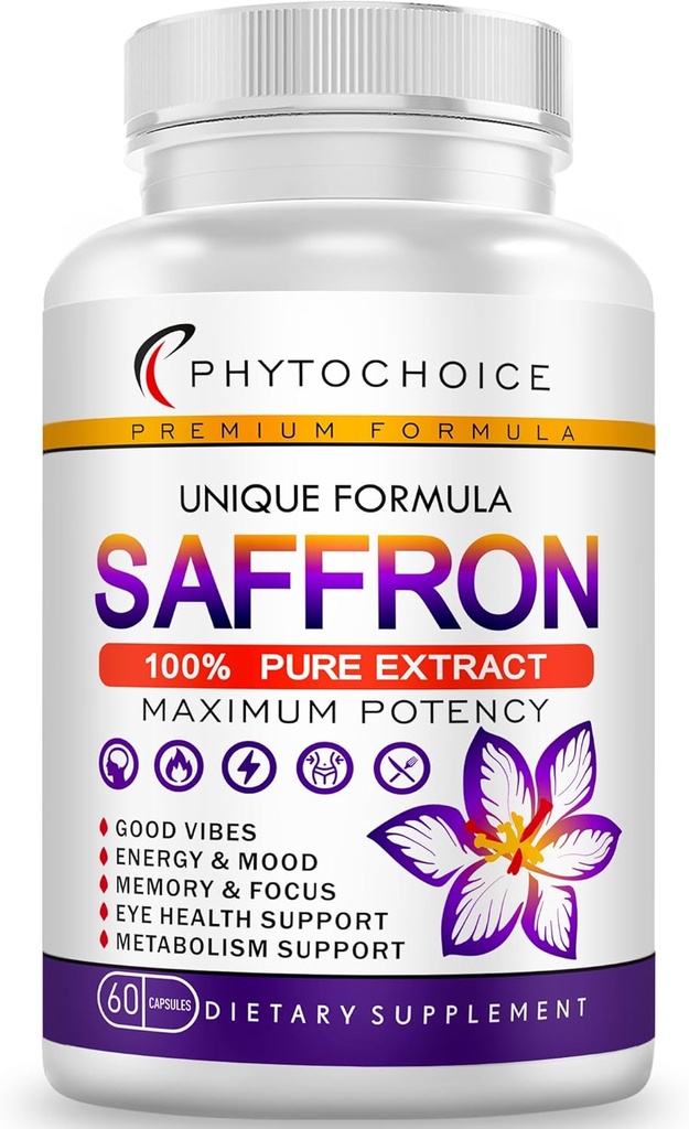 Συμπληρώματα σαφράν-100% Pure Saffron Extract Capsules-Boost Energy & Mood, Υποστήριξη Eye & Heart Health, Focus, Vision - Pure Saffron Extract 88,5 mg - Made in USA for Women & Men 60 Vegan Capsles