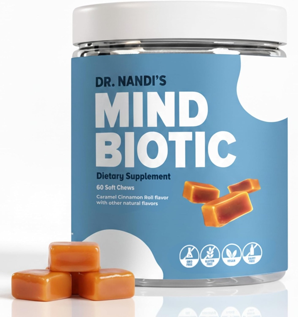 Nandi's MindBiotic Brain & Digestive Health Supplement - KSM-66 Ashwagandha, Προβιοτικά & Πρεβιοτικά - Υποστηρίζει τη μνήμη, την εστίαση, την ενέργεια & Gut-Brain Connection - 300MG - 60 Caramel Cinnamon Chews