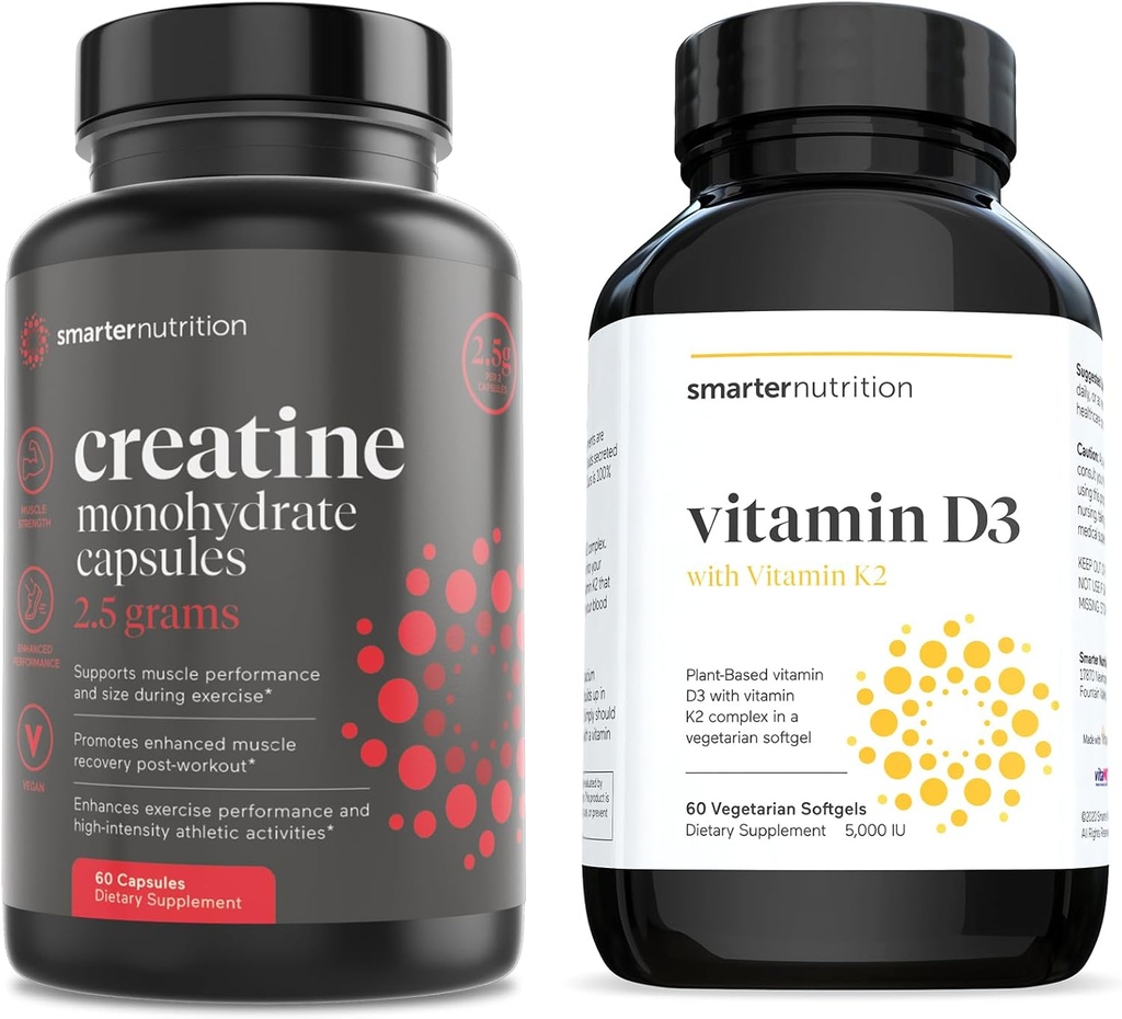 Smarter Nutrition Plant-Based Vitamin D3 with Vegan K2 Complex in a Veganian Softgel & Creatine Pills with 2500mg (2.5g) Creatine Monohydrate Per Serving, Vegan Creatine Capsles [1-Month Supply]