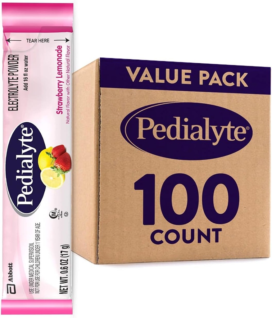Πακέτα σκόνης Pedialyte, λεμονάδα φράουλα, ενυδατικό ποτό, 100 μεμονωμένα πακέτα σκόνης