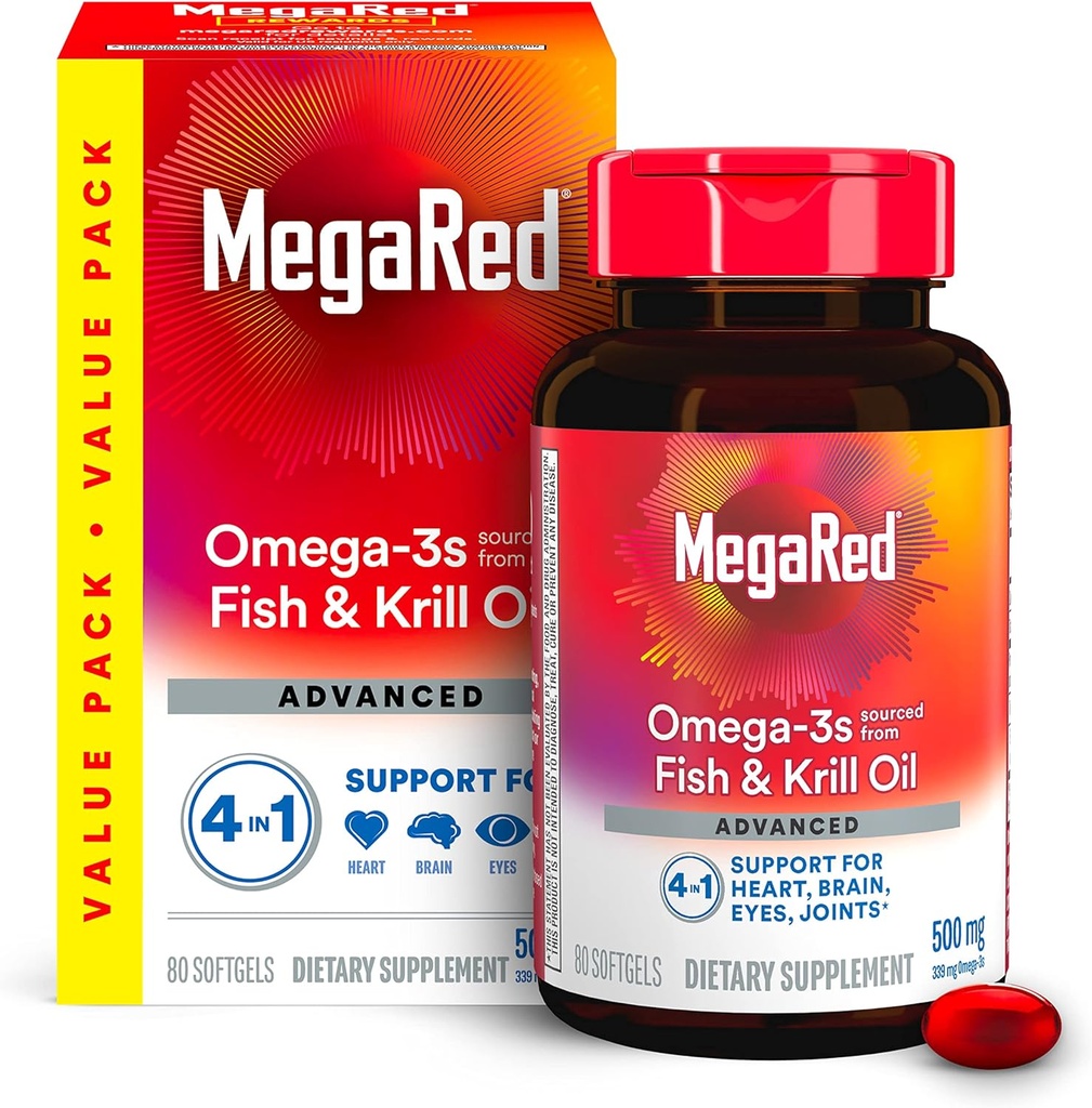 Megared Omega-3 Fish Oil + Λάδι κριλ υψηλής απορρόφησης 500mg Softgels, MegaRed Advanced 4in1 (80 μετρούν σε ένα μπουκάλι) Συμπυκνωμένο Omega-3 Fish & Krill Oil Συμπλήρωμα