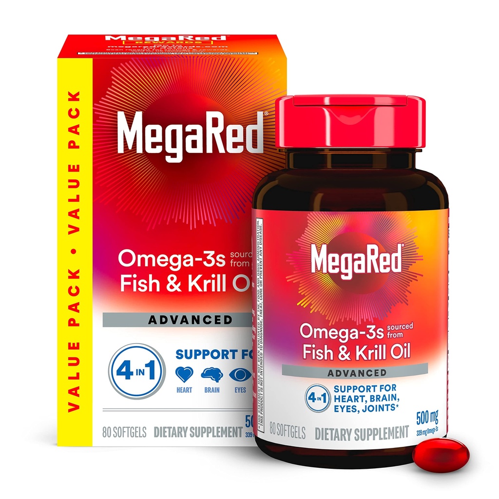 Megared Omega-3 Fish Oil + Λάδι κριλ υψηλής απορρόφησης 500mg Softgels, MegaRed Advanced 4in1 (80 μετρούν σε ένα μπουκάλι) Συμπυκνωμένο Omega-3 Fish & Krill Oil Συμπλήρωμα