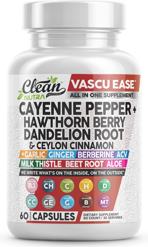 Clean Nutra Cayenne Pepper Capsules συμπλήρωμα με Hawthorn Berry, Dandelion Root, Ceylon Cinnamon, Σκόρδο, Τζίντζερ, Βερβερίνη, μηλίτη ξύδι, γαϊδουράγκαθο γάλακτος, ρίζα τεύτλων, χάπια αλόης Vera & More