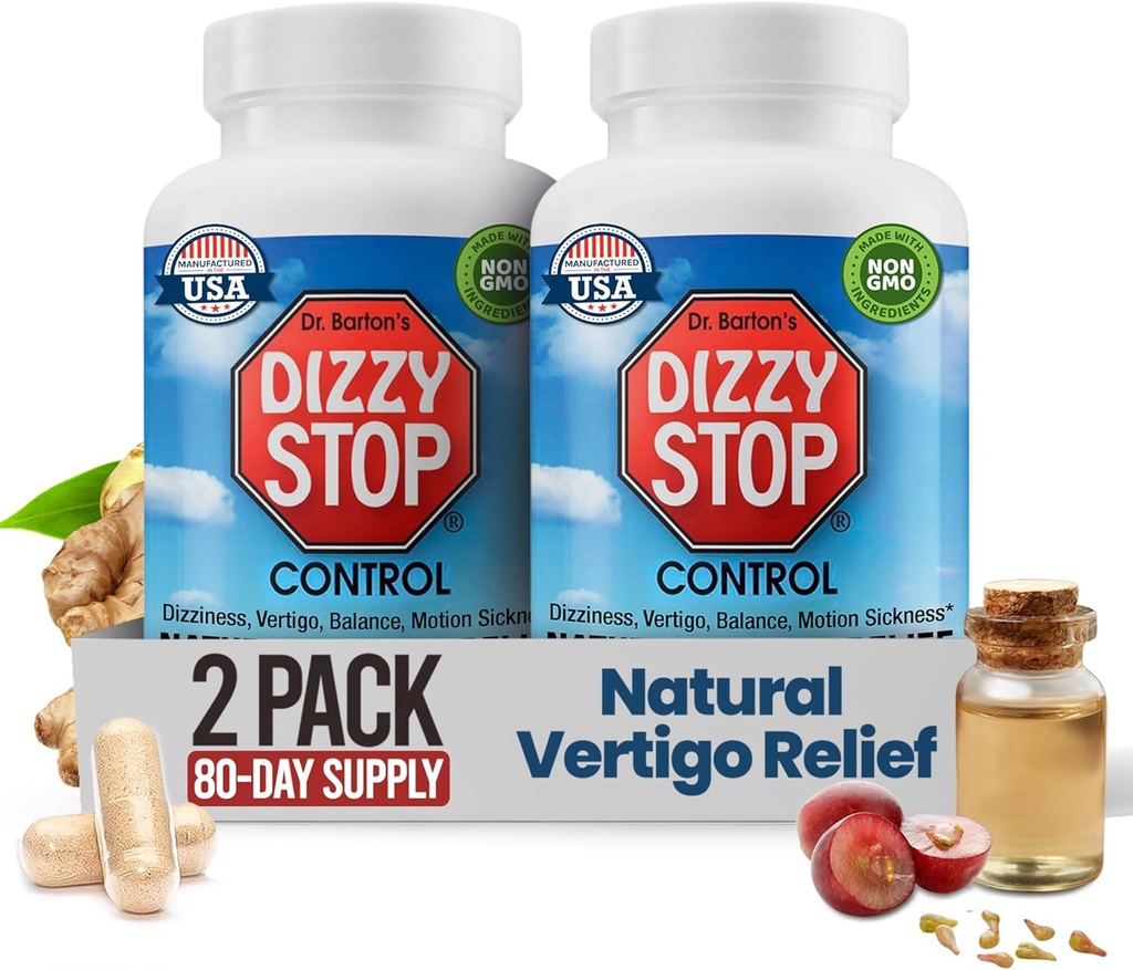 Vertigo Relief Product & Non‑Drowsy Motion Sickness Pills: Nausea and Dizziness, Ginger & Grape Seed Formula, Inner Ear Balance, Car, Cruise & Travel Essential, Stomach Support (80 Count – Pack of 2)