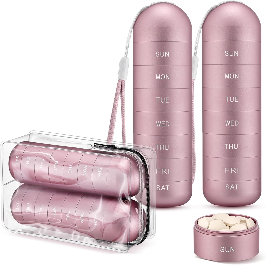 [2 Pack] Zannaki Metal Travel Pill Organizer, Portable Waterproof Weekly Pill Box, Large Aluminum Alloy Pill Case Container, BPA Free 7 Day Daily Medicine Organizer Holder for Vitamin, Supplement