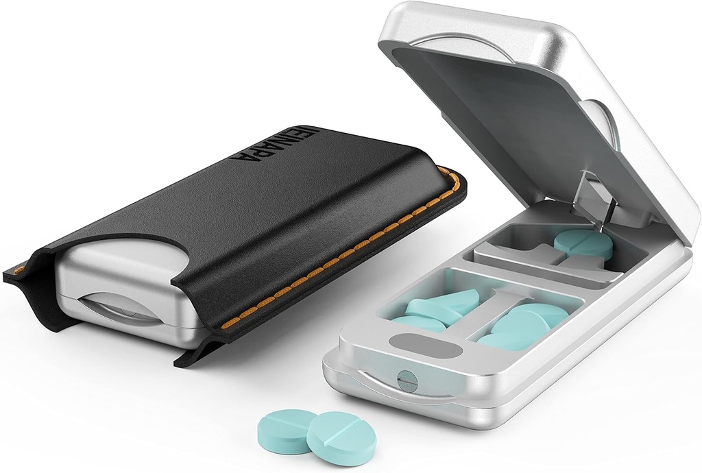 Κοπτικό χαπιών με συσκευή αυτόματης εστίασης, Διαχωριστής χαπιών αλουμινίου με 316L ανοξείδωτο λεπίδα, Γνήσια δερμάτινη θήκη, Επαγγελματικό Splitter χαπιών για την κοπή μικρών χαπιών ή μεγάλων χαπιών (ασημί)