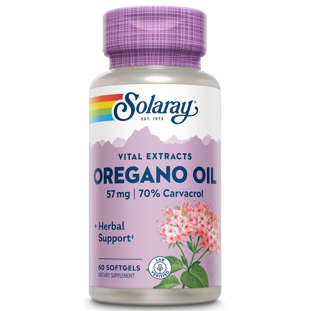 SOLARAY Oregano Oil 57 mg - Λάδι Orγανης Softgels - φυτικά συμπληρώματα για τη συνολική υγεία και ευεξία Υποστήριξη w/ 70% Carvacrol - Extra Virgin Olive Oil Base, 60-Day Εγγύηση, 60 Serv, 60 Softgels