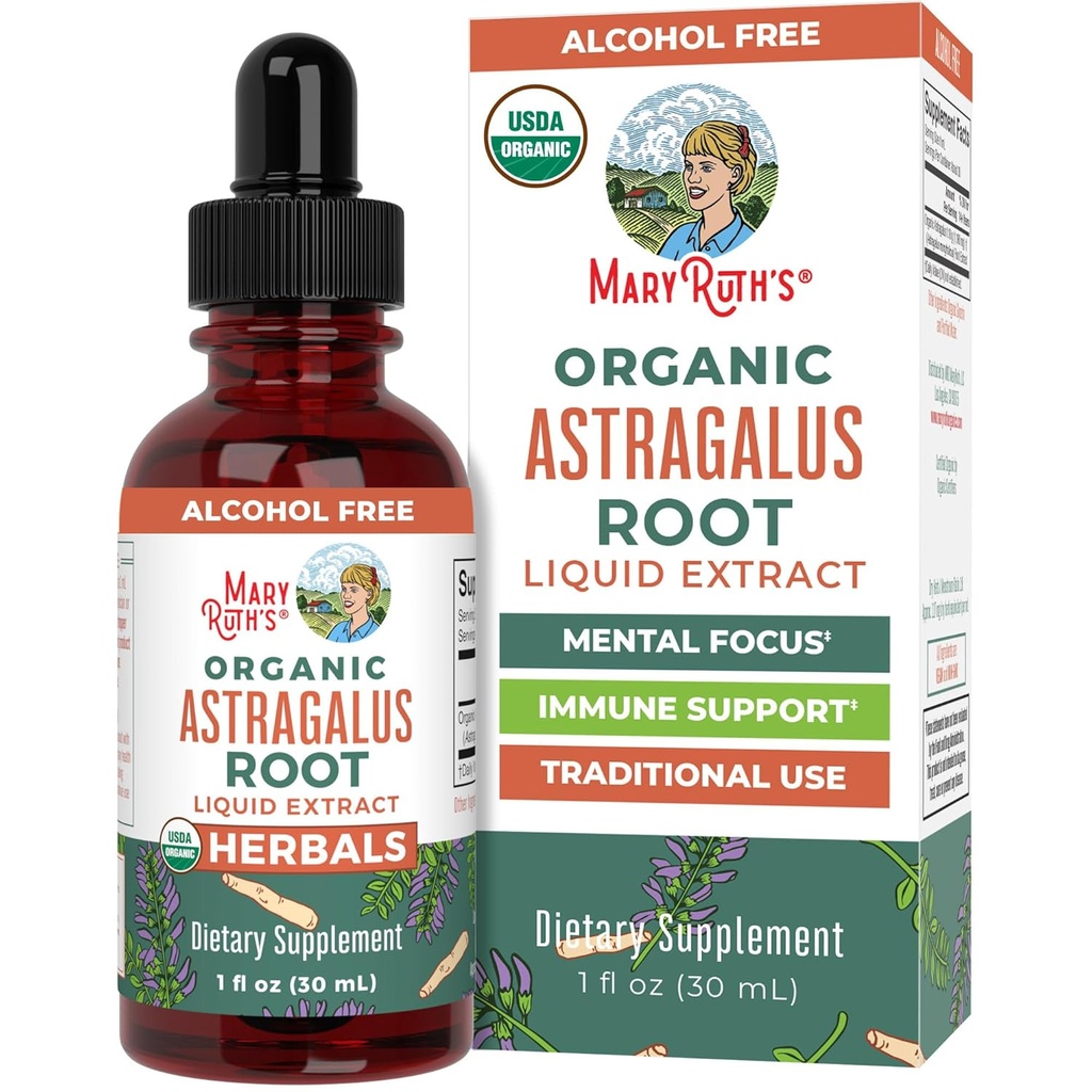 MaryRuth Organics Astragalus Root, Χωρίς ζάχαρη, USDA Organic, Astragalus Extract για ανοσοποιητική υποστήριξη και εστίαση, φυτικές σταγόνες υγρού, μη-GMO, Vegan, 1 Fl Oz
