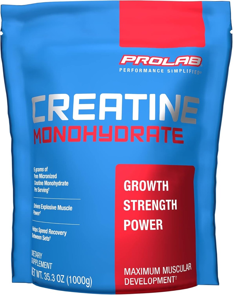 ProLab Nutrition Creatine Monohydrate Micronized Powder 1000G, Pure Creatine for Muscle Strength, Power & Endurance, Fast Absorbing, Unflavored, 5000mg ανά Serv (5g) (200 Servings)
