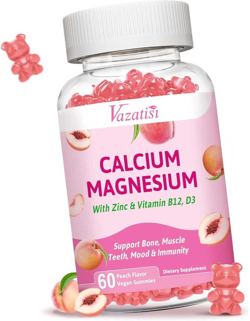 Ασβέστιο Μαγνήσιο Ψευδάργυρος Gummies με βιταμίνη D3 B12, Συμπληρώματα ασβεστίου για γυναίκες άνδρες, Ροδάκινο Γεύση 60 Cts