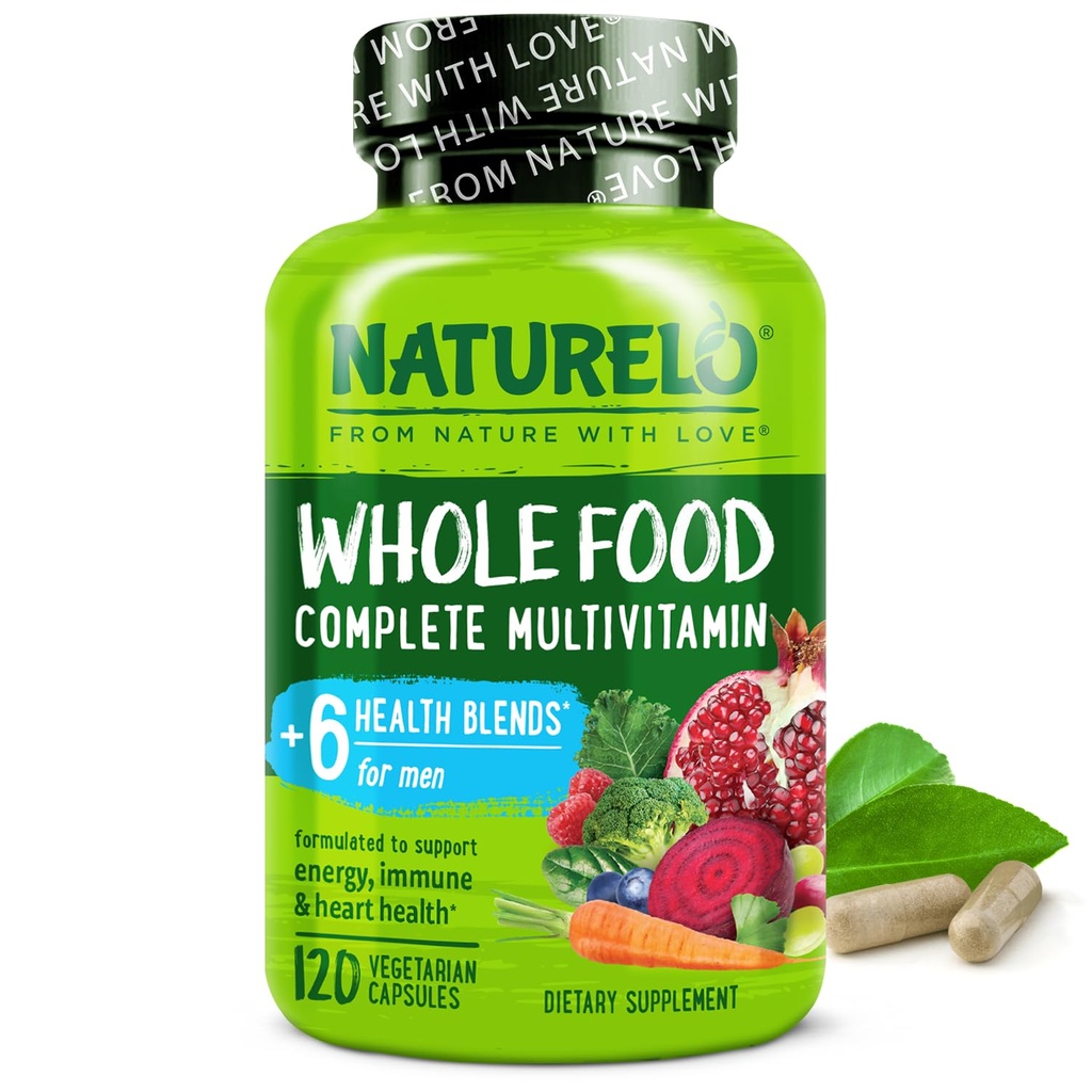 NATURELO Mens Πολυβιταμίνες - Ολόκληρα τρόφιμα Πολυβιταμίνη για άνδρες με βιταμίνες, ορυκτά - 120 κάψουλες χορτοφάγων για την ενέργεια, τον εγκέφαλο, την καρδιά, την υγεία των ματιών*