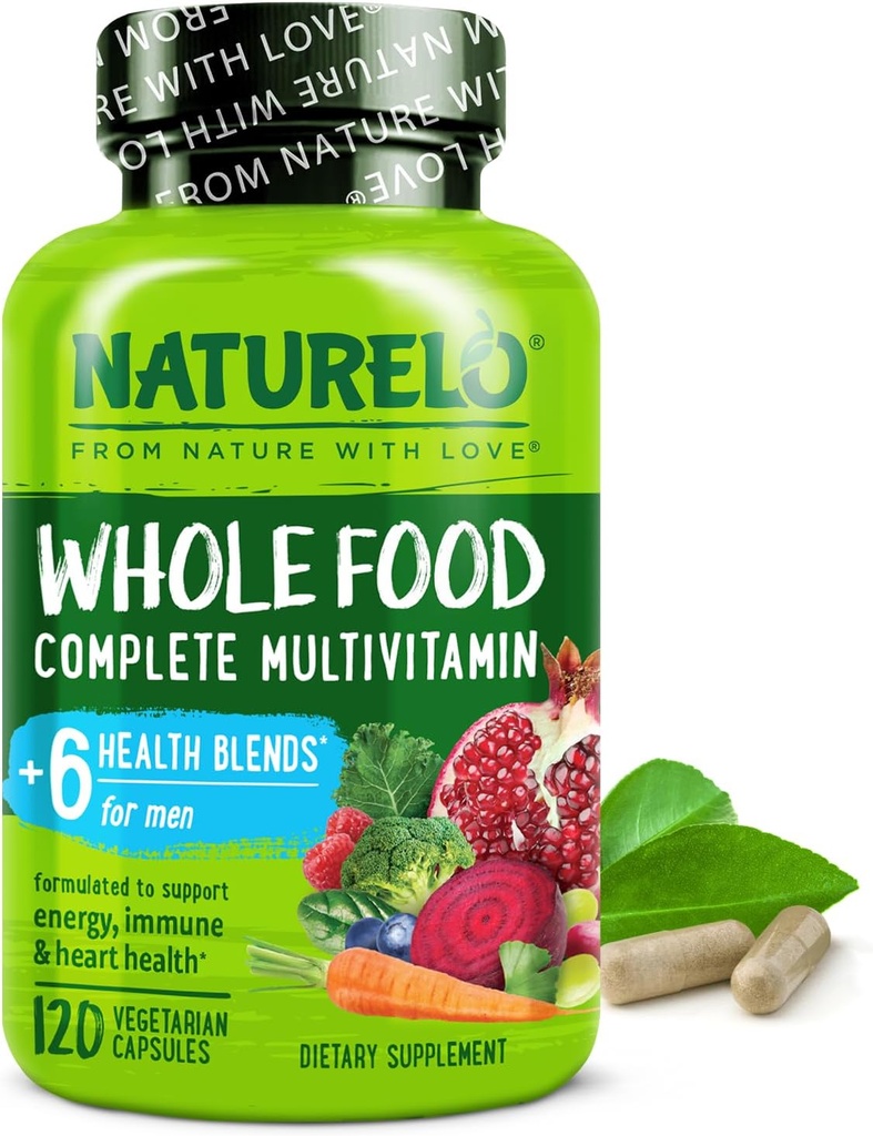 NATURELO Mens Multivitamins - Whole Food Multivitamin for Men with Vitamins, Minerals - 120 Vegetarian Capsules for Energy, Brain, Heart, Eye Health*