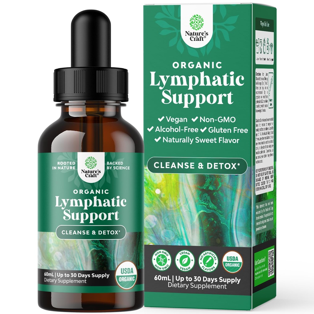 Organic Lymphatic Support Drainage Drops - Herbal Lymphatic Cleanse and Immune Support Supplement with Organic Echinacea Goldenseal & Red Clover Extract - Vegan Non GMO and Alcohol Free - 2 Fl Oz