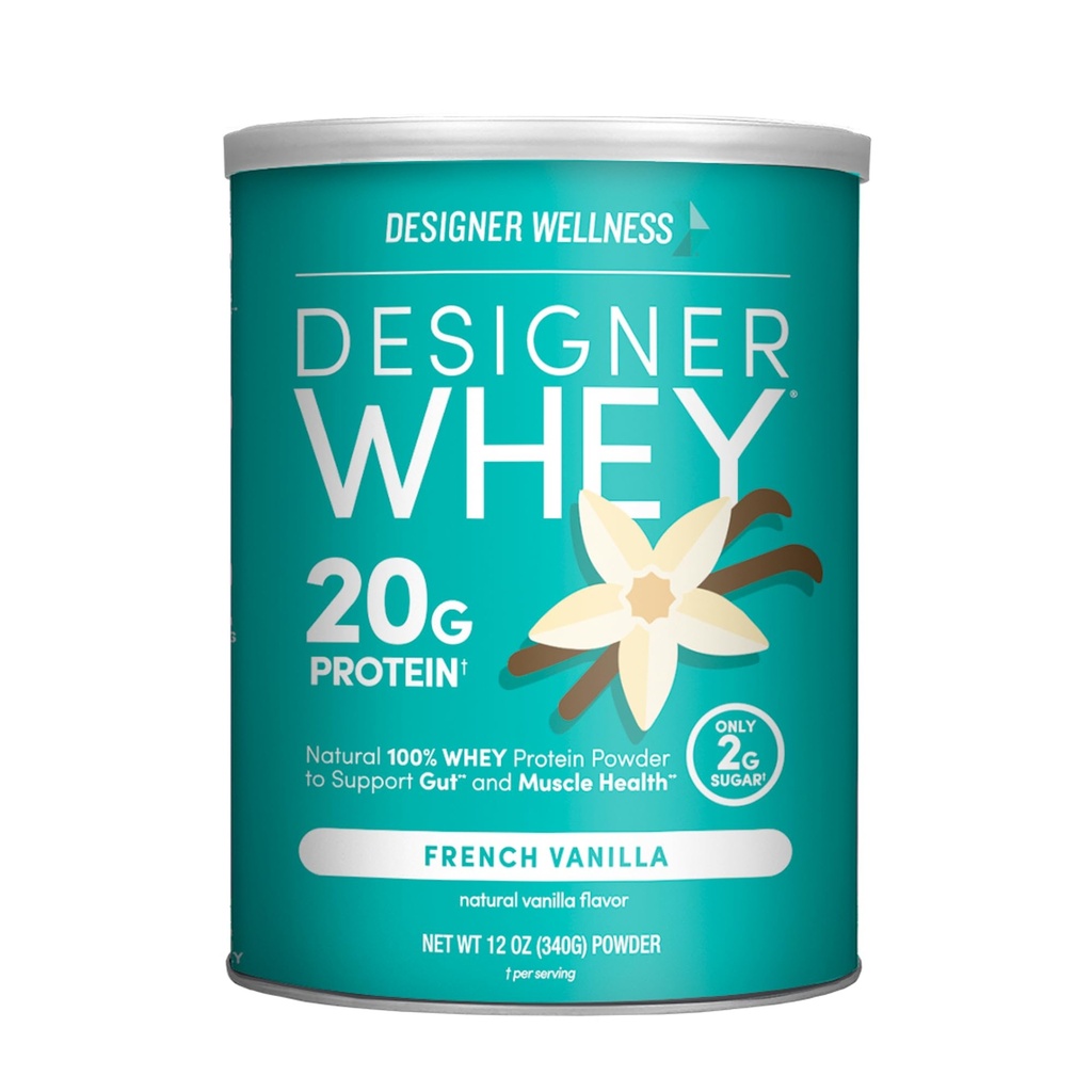 Designer Wellness Designer Whey Φυσικό 100% Whey Protein Powder με προβιοτικά, ίνες, και βασικό B-Vitamins για την ενέργεια, χωρίς γλουτένη, μη GMO, γαλλική βανίλια 12 oz