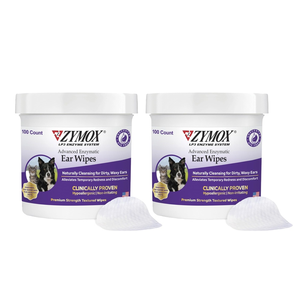 Zymox Advanced Enzymatic Ear Wipes for Dogs and Cats - για Dirty, Waxy, Smelly Ears - Premium δύναμη Ear Cleaner Wipes - Μη Ερεθιστικό - Hypoallergenic (100 Count-Pack of 2)
