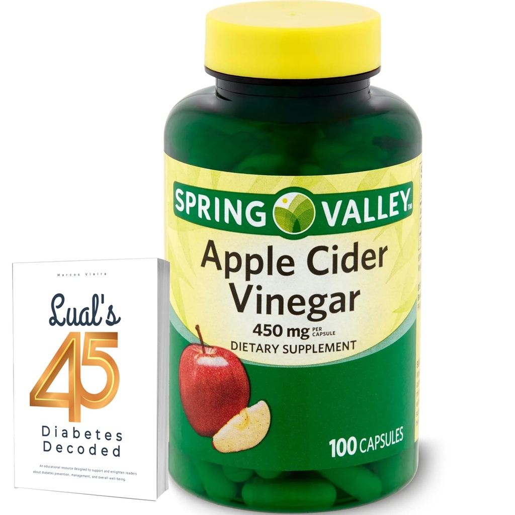 Apple Cider Vinegar 450mg. Spring Valley Apple Cider Vinegar Caps 450 mg 100 Count, Non-GMO, Gluten Free Supplement Bundle with Luall's 45 Diabetes Decoded