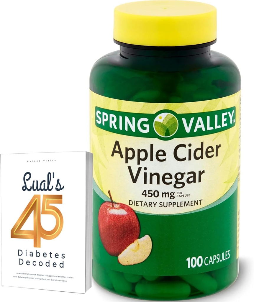 Apple Cider Vinegar 450mg. Spring Valley Apple Cider Vinegar Capsules 450 mg 100 Count, Non-GMO, Gluten Free Supplement Bundle with Luall's 45 Diabetes Decoded