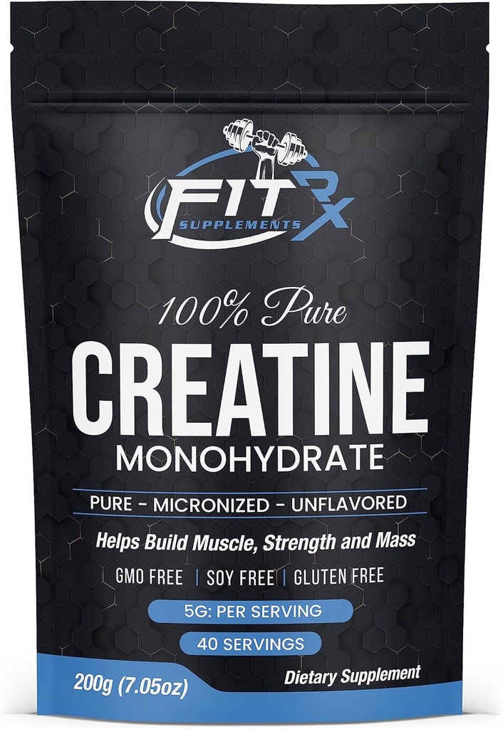 FITRxSupplements.com Pure Creatine Monohydrate Powder - Zero Προστιθέμενα Συστατικά - Χωρίς θερμίδες, 5g ανά υπηρεσία, Unflaved 40 Μερίδες, 200g, Γρήγορη διάλυση