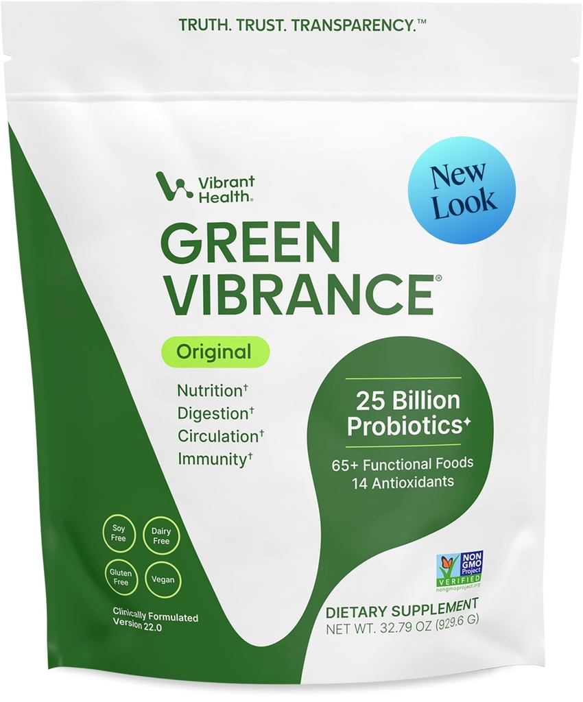 Vibrant Health, Green Vibrance, Includes 65 Plant-Based Superfoods, 25 Billion Probiotics, Fiber, Adaptogens & Enzymes, 83 Servings