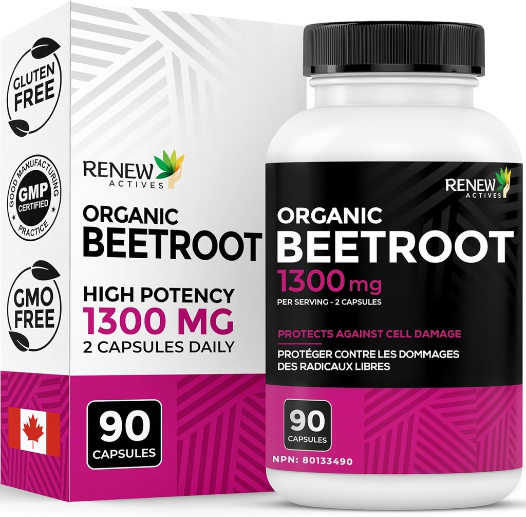 Renew Actives Organic Beetroot Supplement 1300MG ανά 2 κάψουλες - Pure Beetroot Powder for Circulation, Natural Energy, & Antioxidant Benefits - Superfood υψηλής ισχύος, Κατασκευασμένο στον Καναδά - 90 Κάψουλες