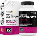 Renew Actives Organic Beetroot Supplement 1300MG ανά 2 κάψουλες - Pure Beetroot Powder for Circulation, Natural Energy, & Antioxidant Benefits - Superfood υψηλής ισχύος, Κατασκευασμένο στον Καναδά - 90 Κάψουλες