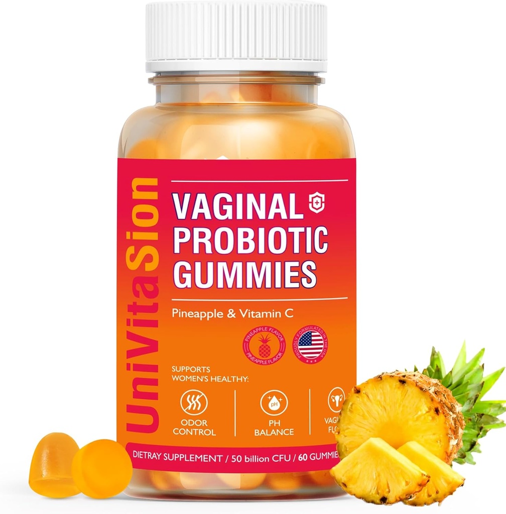 UniVitaSion Κολπικά Προβιοτικά Gummies για τις γυναίκες, 50 δισεκατομμύρια CFUs - PH Ισορροπία, Κολπική οσμή, Κολπική Χλωρίδα, Θεραπεία Μόλυνσης της Μαγιάς για τις γυναίκες, Βιταμίνη C για την υγεία του ανοσοποιητικού, Χαβανέζικη γεύση ανανά