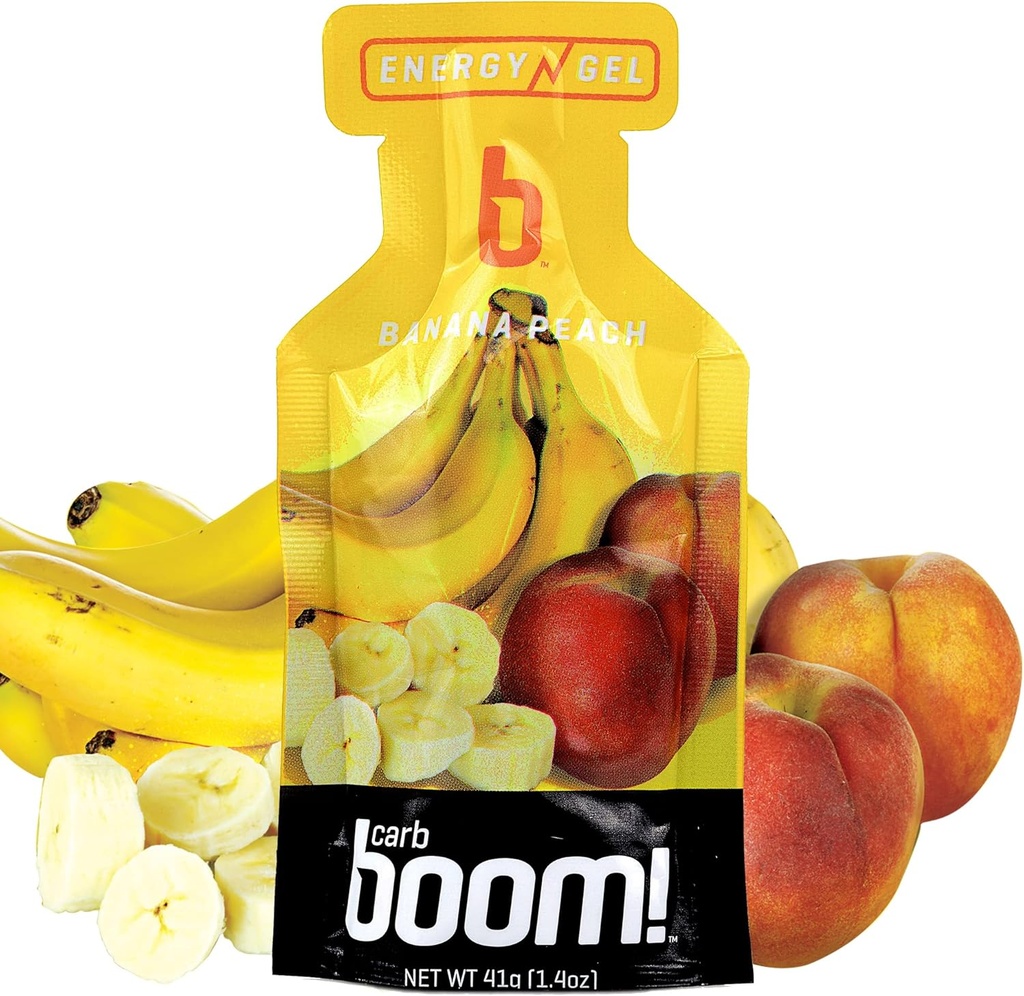 Boom Nutrition Energy Gel - Fruit-Flavored Energy Gels - Γέλη προπόνησης - Ενέργεια Gel για Ποδηλασία - Running Gel - Natural Energy Gel - Banana Peach (24 Pack)