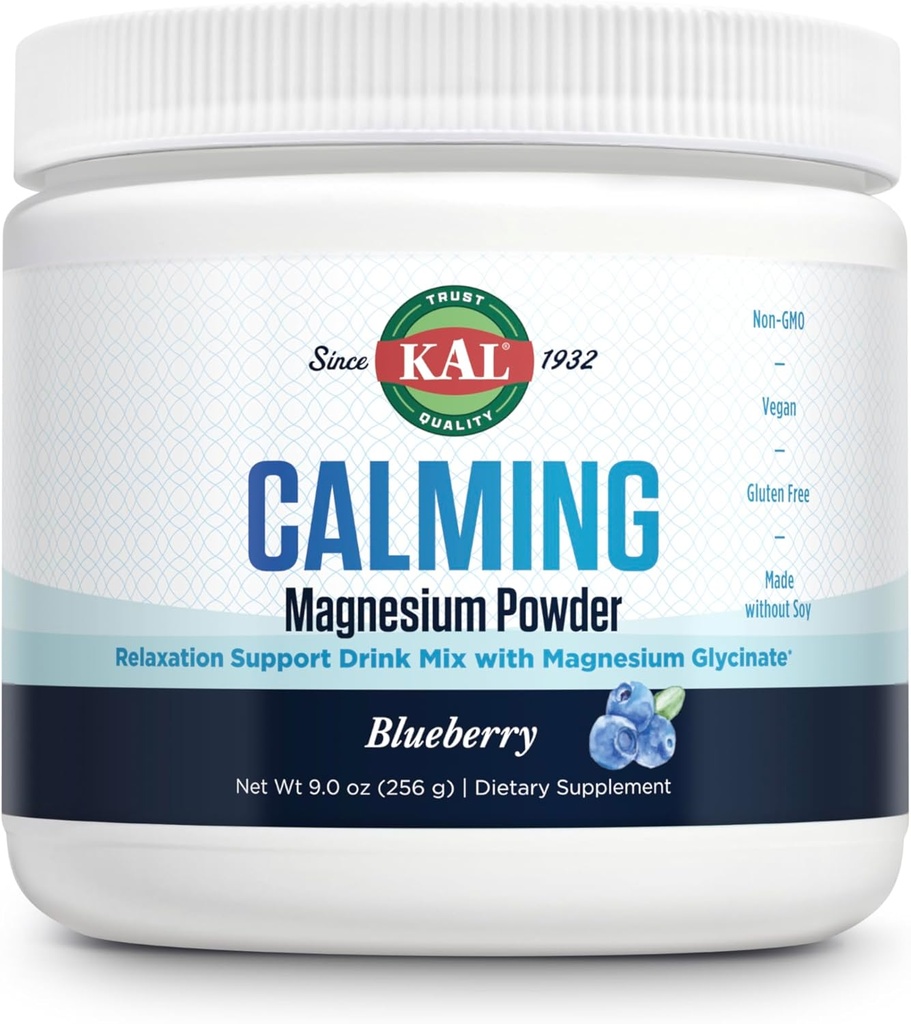 KAL Calming Magnesium Powder - Blueberry Flavor Magnesium Supplement - High Absorption, Relaxation Support, No Added Sugar, Vegan, Gluten Free, Made Without Soy - 40 Servings, 9 oz