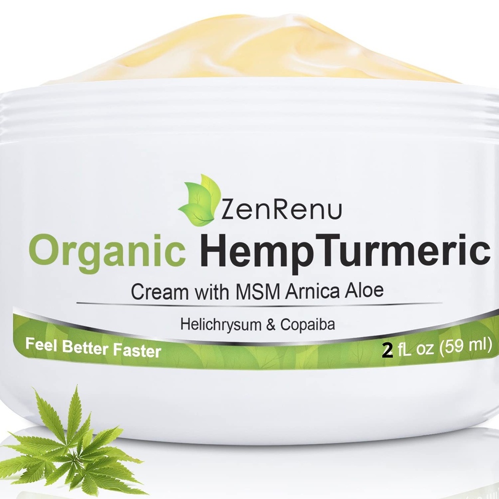 Zenrenu Organic Hemp Turmeric Joints & Muscle Cream με Arnica, MSM, Hemp Oil Extract, & 7 αιθέρια έλαια - μη λιπαρή & γρήγορη απορρόφηση για πλάτη, λαιμό, αγκώνες, γόνατα, & Hip 4 oz