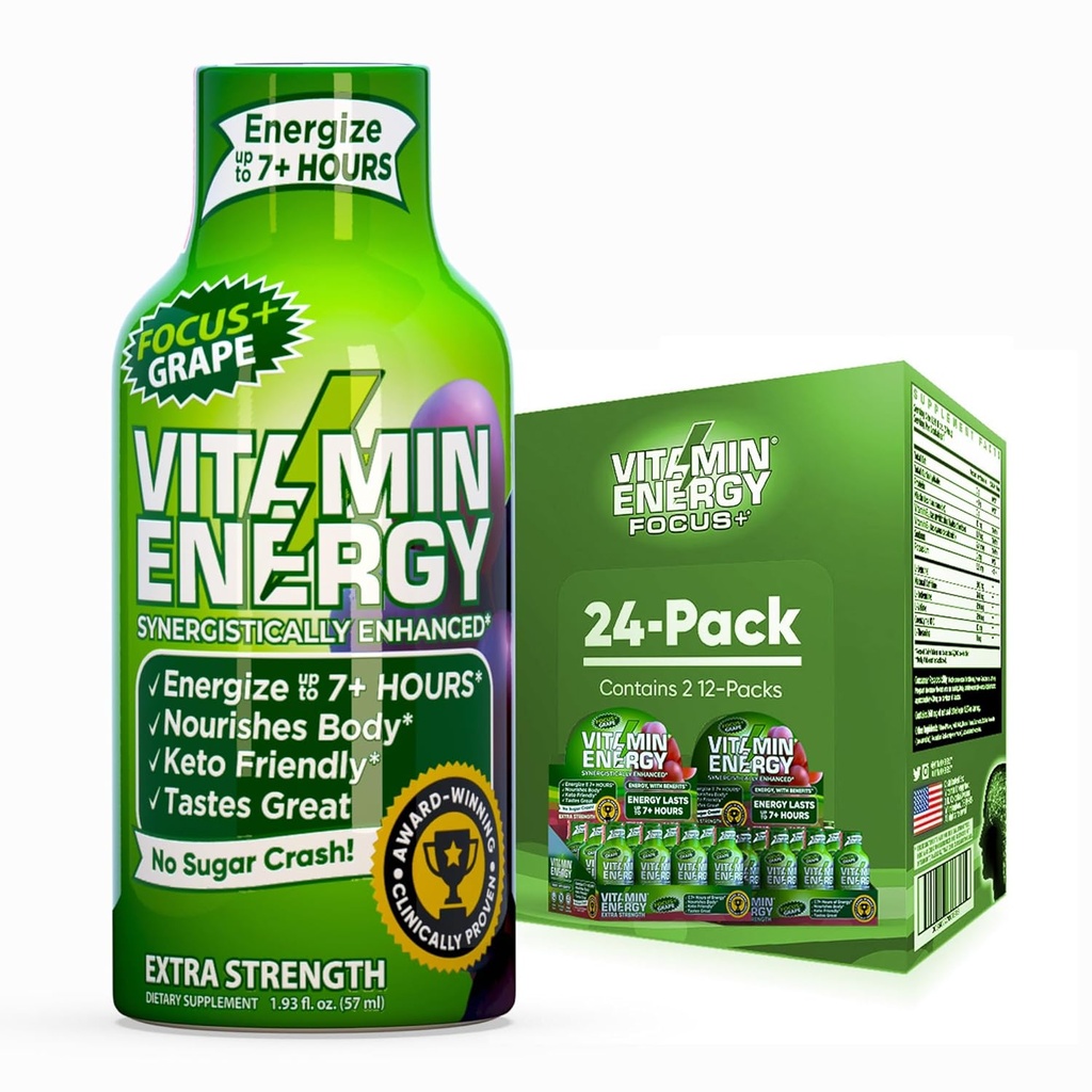 Vitamin Energy Focus+ Extra Strength Energy Shot Grape 24 Pack, 260mg Natural Caffeine, B-Vitamins, CoQ10, Amino Acids, Focus, Productivity & Clarity, Zero Sugar, Gluten-free, 1.93 fl oz