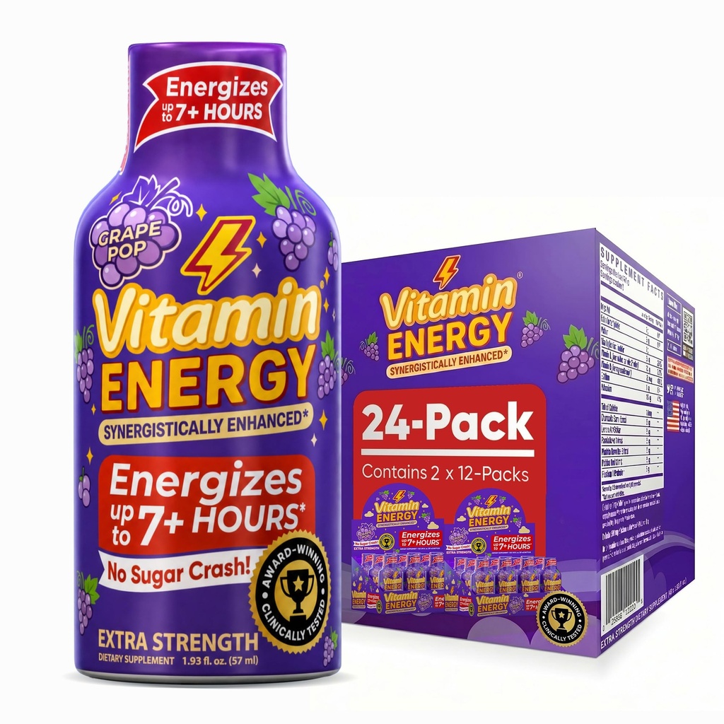Vitamin Energy Focus+ Extra Strength Energy Shot Grape 24 Pack, 260mg Natural Caffeine, B-Vitamins, CoQ10, Amino Acids, Focus, Productivity & Clarity, Zero Sugar, Gluten-free, 1.93 fl oz