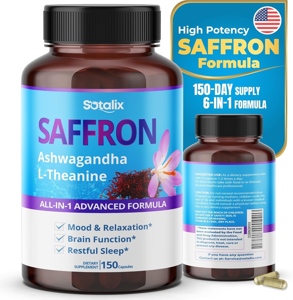 Saffron με Ashwagandha, Ginseng, L-Theanine, Relaxation, Restore - USA Made & Tested (Προμήθεια 150 ημερών (Pack of 1))