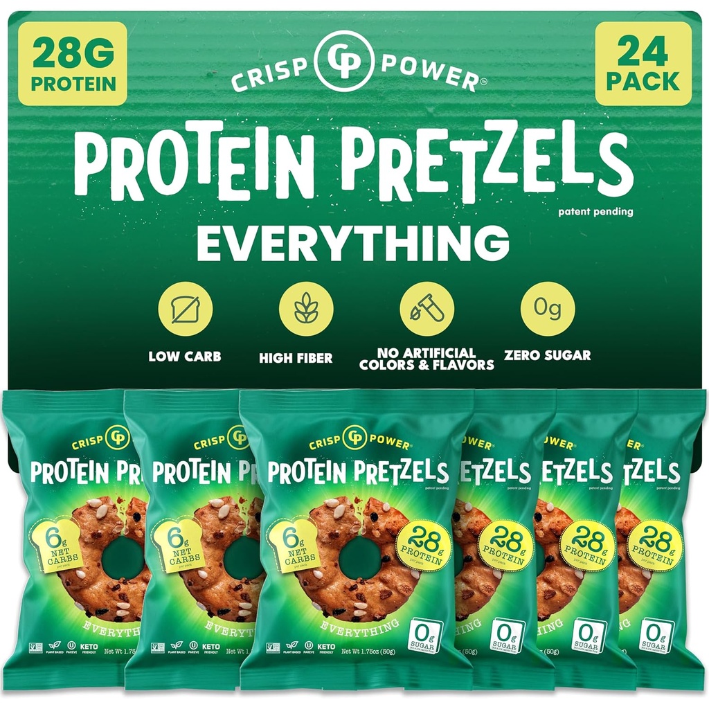 Crisp Πρωτεΐνη Πρωτεΐνη Pretzels, Τα πάντα, Υψηλή Πρωτεΐνη Vegan Keto Snack, 28 G Πρωτεΐνη με βάση το φυτό, Χαμηλή Καρβίδα Crunchy Σνακ Pretzel, Χωρίς ζάχαρη, Χωρίς Έλαια Σπόρου, 1,75 oz Τσάντες, 24 Συσκευασία