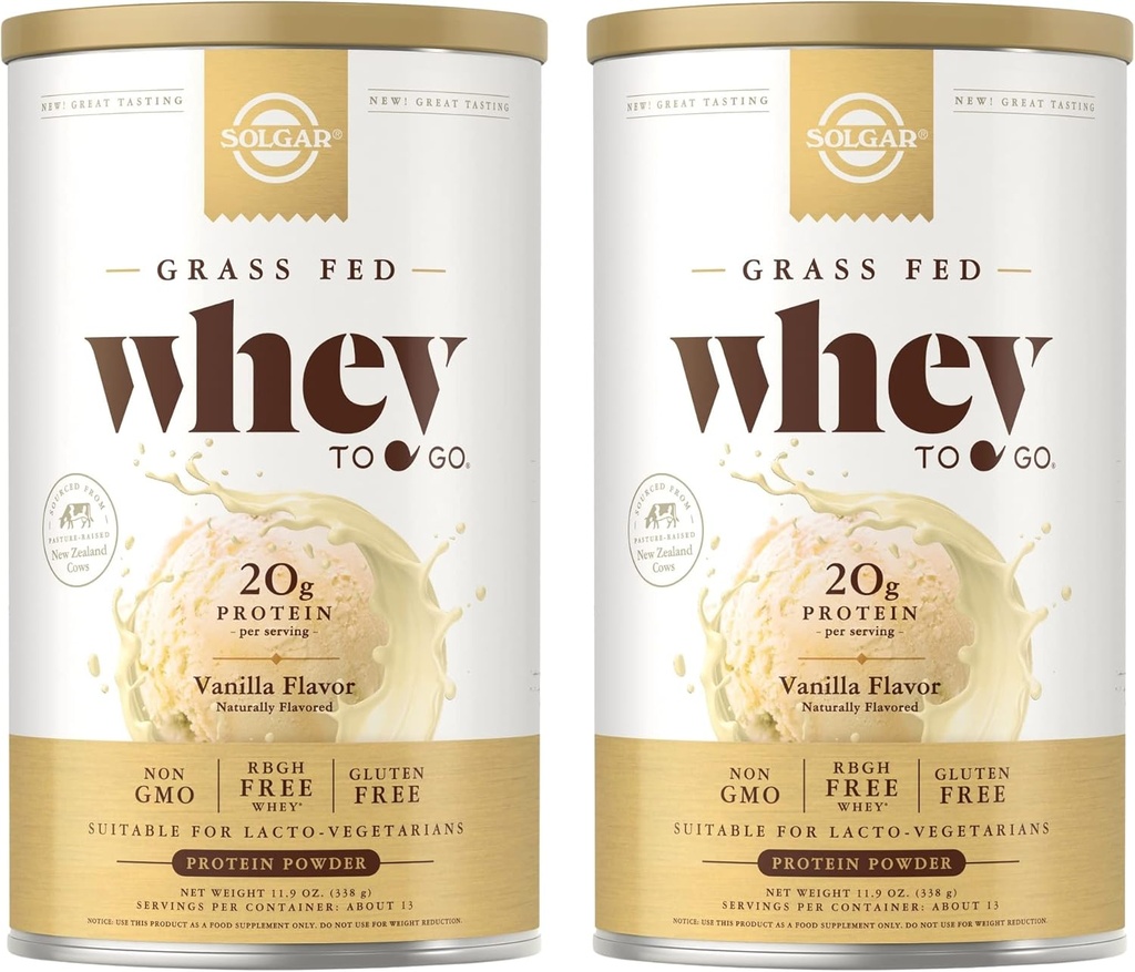 SOLGAR Grass Fed Whey to Go, Βανίλια - 11.9 oz, Συσκευασία των 2 - Grass-Fed Whey Protein Powder - rBGH Free, Non-GMO, Gluten Free - 26 Σύνολο σερβιρίσματος