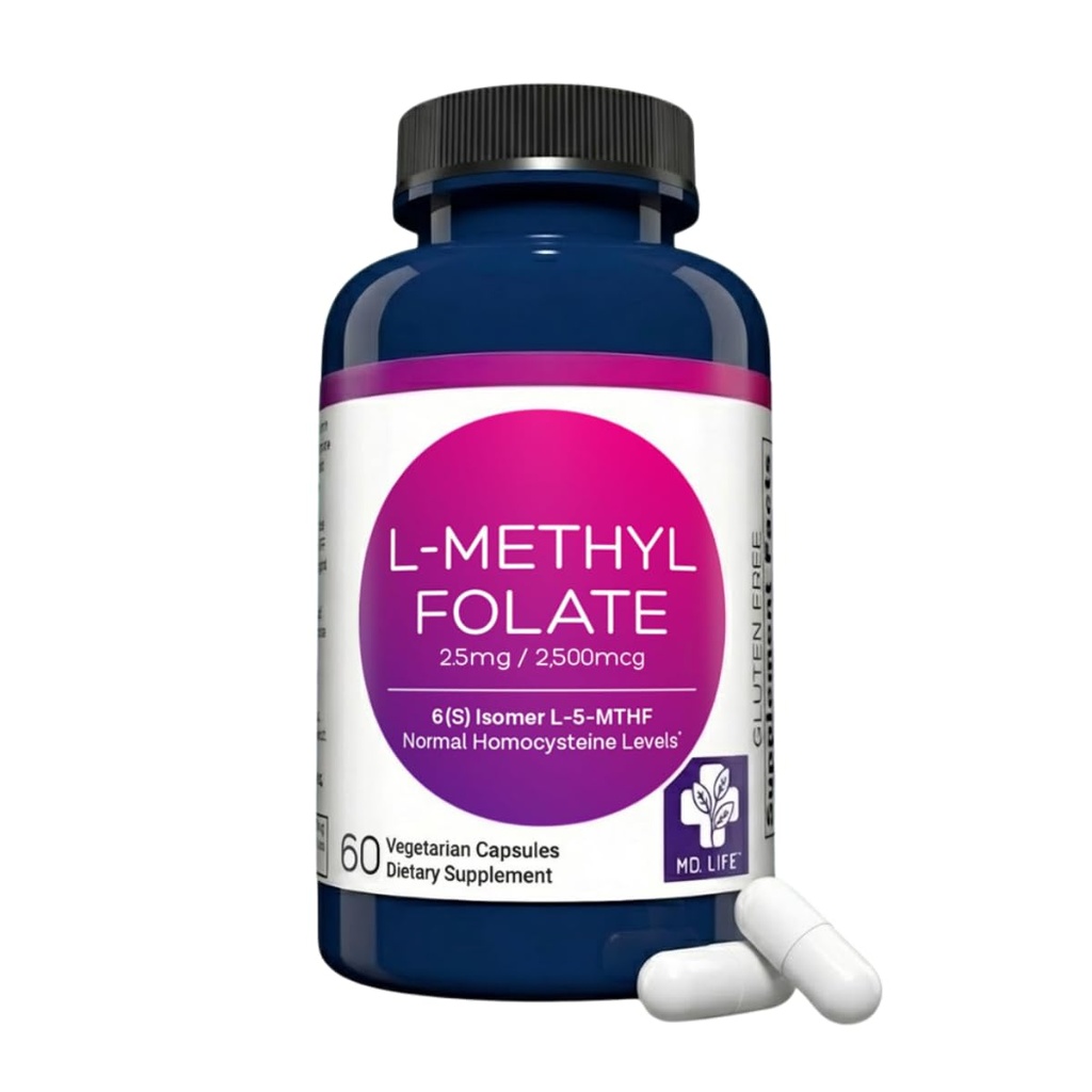 MD Life L-Methylfolate 2.5 mg Supplement - Professional-Grade Active L Methylfolate Supplement - 60 Capsules - L-Methylfolate 2.5mg - Maximum Potency MTHFR W/ Essential Amino Acids