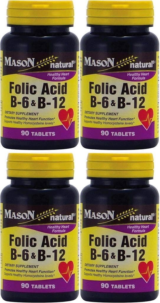 Mason Βιταμίνες Folic Acid B-6 & B12 Heart Health Formula 90 δισκία ανά συσκευασία φιάλης 4 Total 360 δισκία